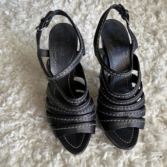 Miu Miu Black Leather Tonal Stitch Sandals 38.5 - Picture 2 of 8